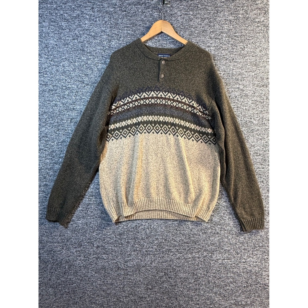 Grant Thomas Mens XL Henley Sweater 100% Cotton Fair Isle Green Tan Australia
